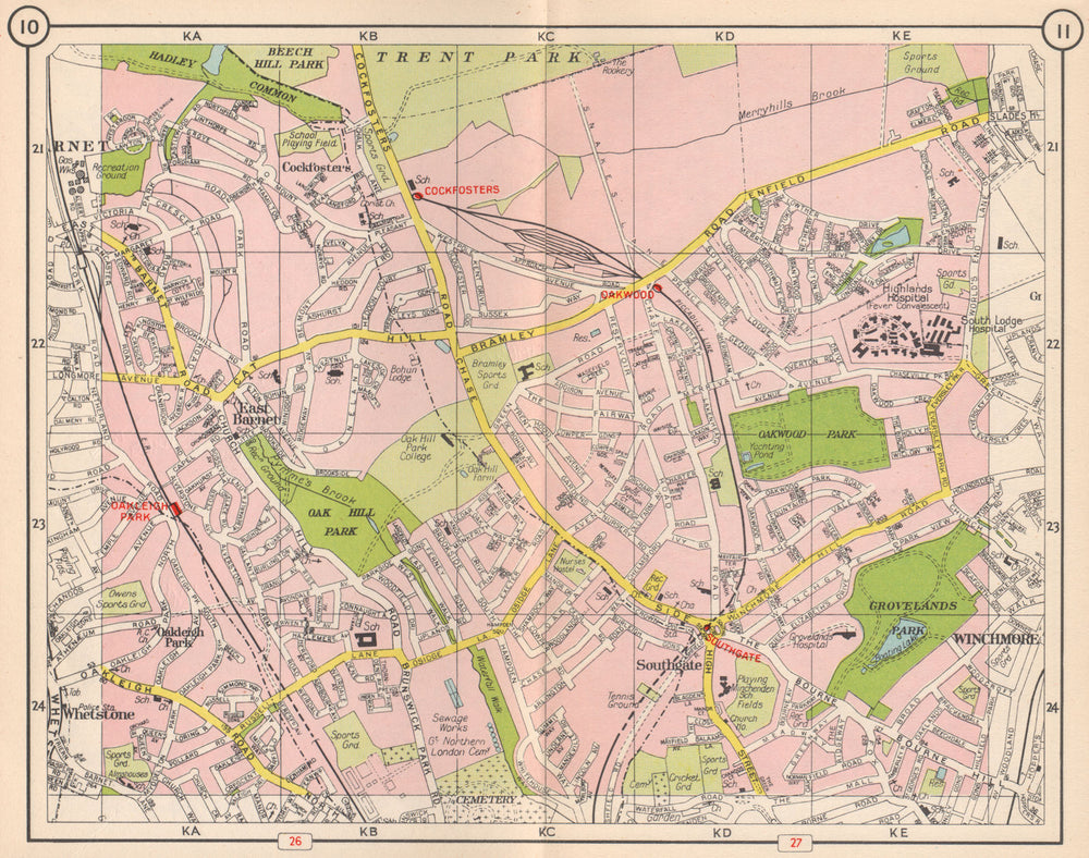 N LONDON. Southgate Cockfosters Oakleigh Park East Barnet Winchmore 1953 map