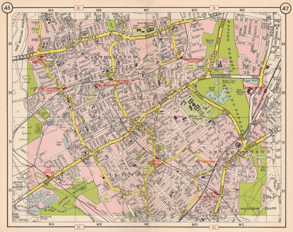 NE LONDON. Walthamstow Leytonstone Leyton Lea Bridge Snaresbrook 1953 old map