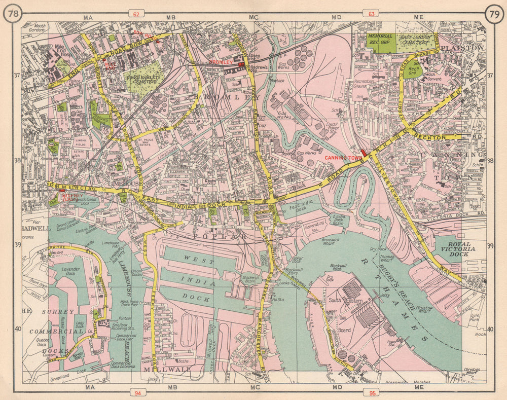 E LONDON. Bromley Mile End Limehouse Canning Town Millwall Poplar 1953 old map