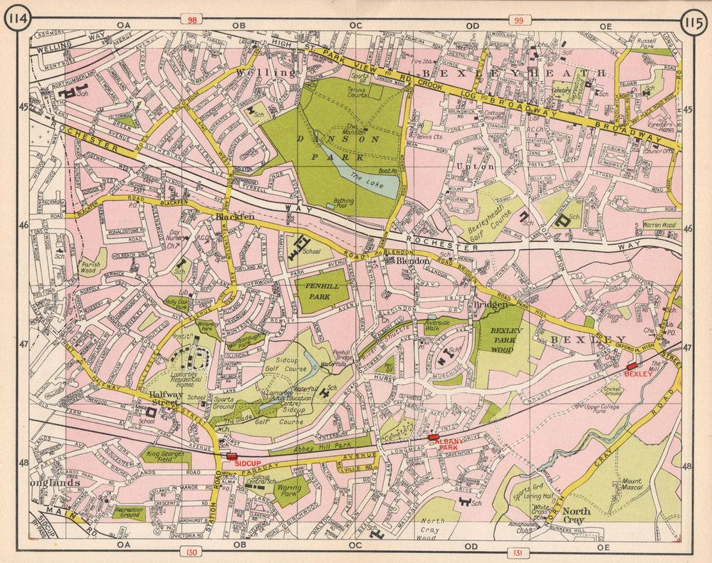 SE LONDON. Blackfen Bexleyheath Blendon Albany Park Bexley North Cray 1953 map