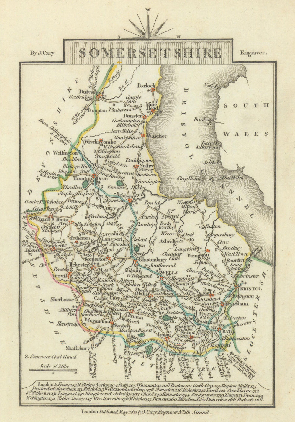 SOMERSETSHIRE by John CARY. Miniature antique county map 1812 old