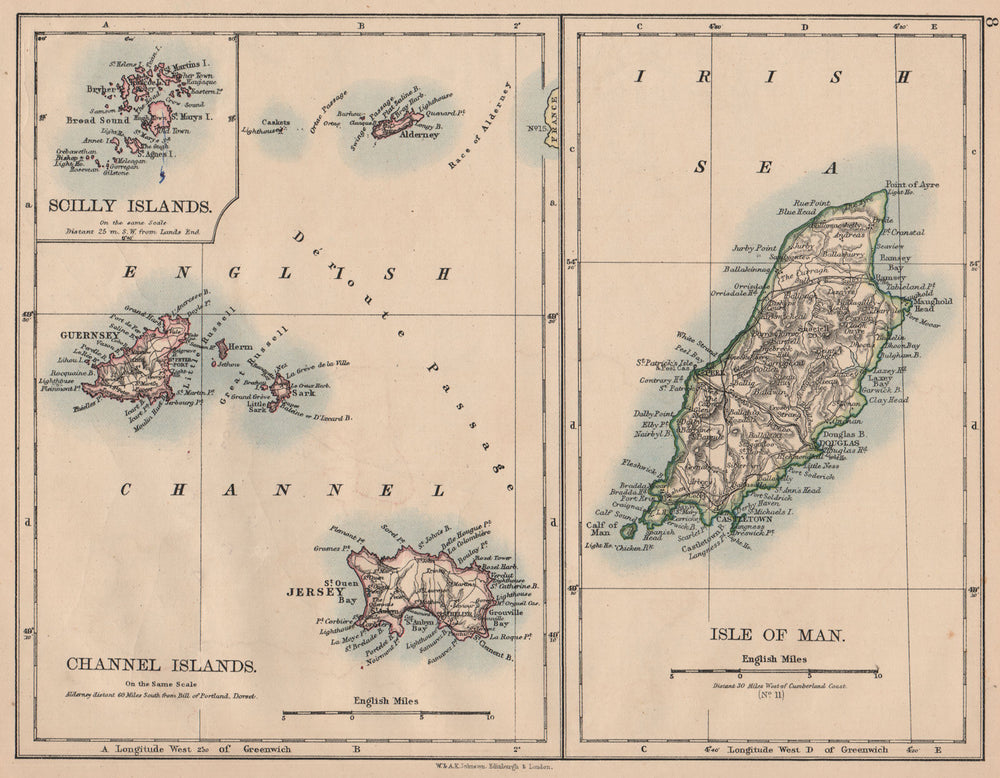 BRITISH ISLANDS. Isle of Man Channel Islands Jersey Guernsey.JOHNSTON 1897 map