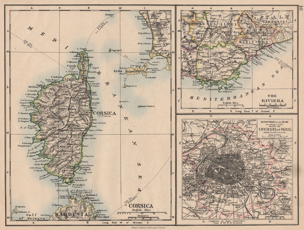 FRANCE. Riviera Côte d'Azur Corsica Paris environs. JOHNSTON 1897 old map