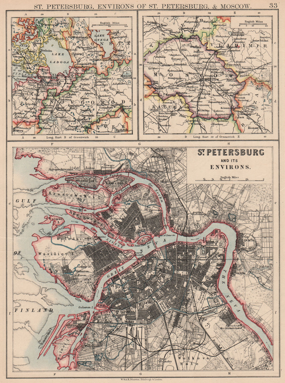 ST PETERSBURG. Town city plan & environs. + Moscow environs. JOHNSTON 1897 map