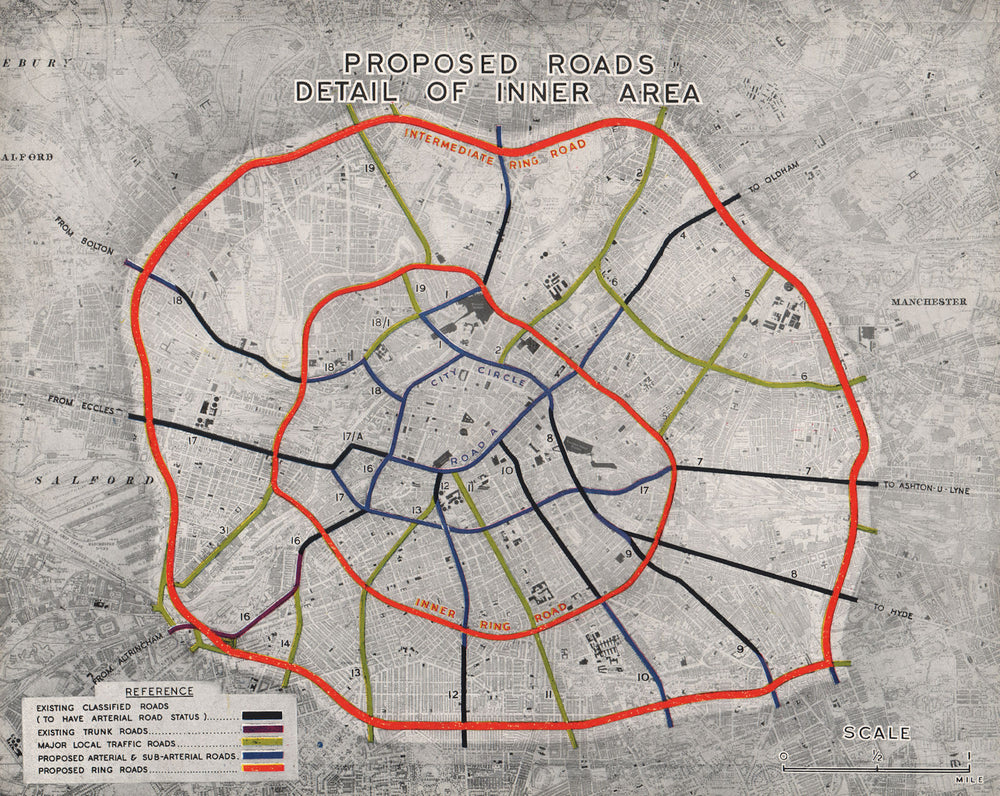 MANCHESTER PLAN 1945. Proposed Roads Inner Area. Ring arterial roads 1945 map