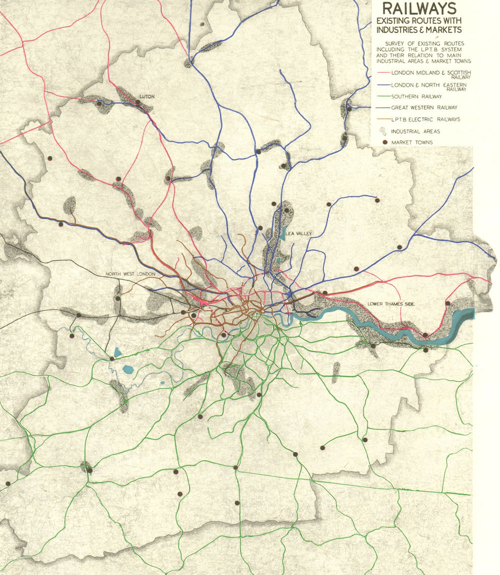 GREATER LONDON. Railways routes. Industries Markets.ABERCROMBIE 1944 old map