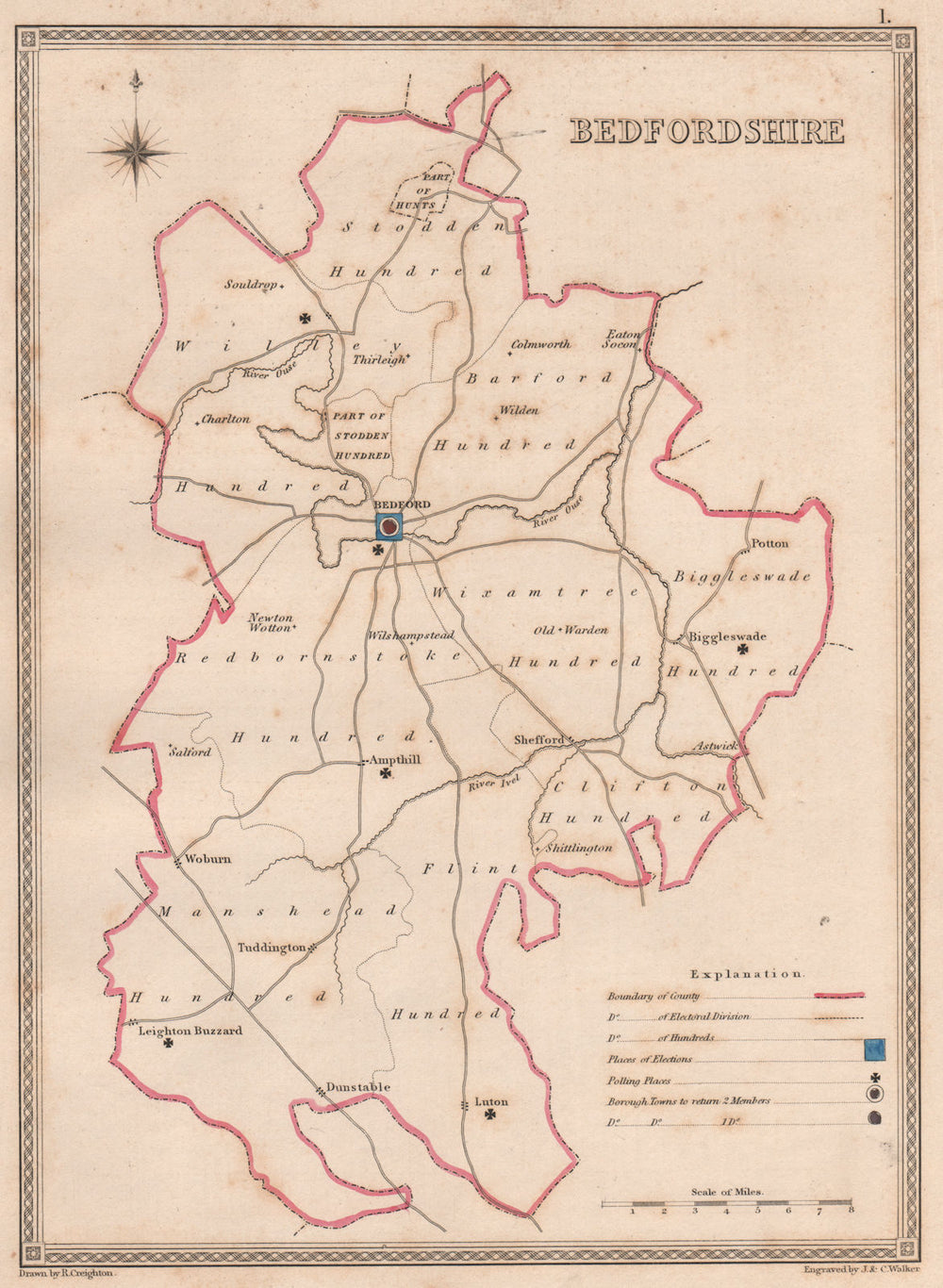 BEDFORDSHIRE antique county map by CREIGHTON/WALKER. Electoral 1835 old