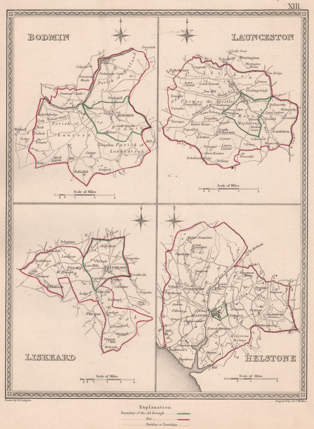 CORNWALL TOWNS. Bodmin Launceston Liskeard Helstone. CREIGHTON/WALKER 1835 map