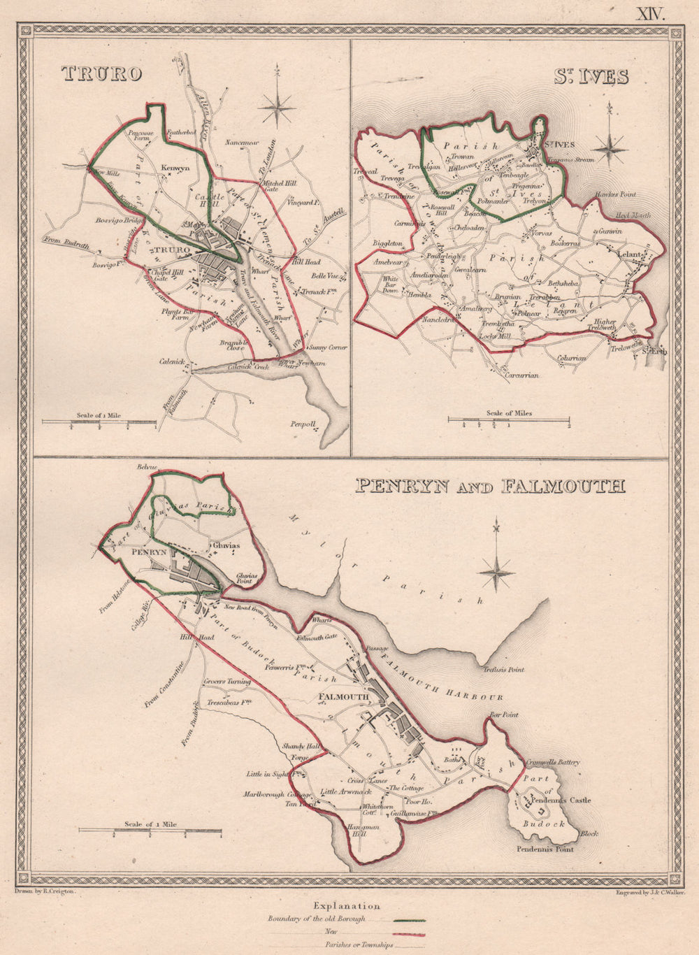 CORNWALL TOWNS. Truro St Ives Penryn Falmouth plans. CREIGHTON/WALKER 1835 map