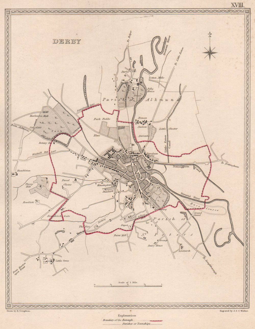 DERBY town & borough plan. Derbyshire. CREIGHTON/WALKER 1835 old antique map