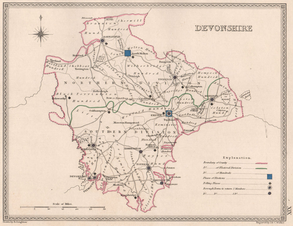 DEVONSHIRE antique county map by CREIGHTON/WALKER. Electoral 1835 old