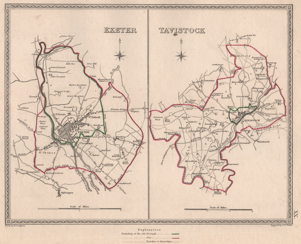 DEVON TOWNS. Exeter Tavistock borough plans. CREIGHTON/WALKER 1835 old map