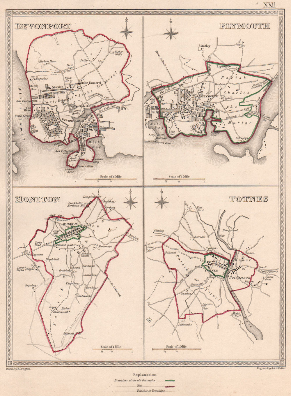 DEVON TOWNS. Devonport Plymouth Honiton Totnes plans. CREIGHTON/WALKER 1835 map