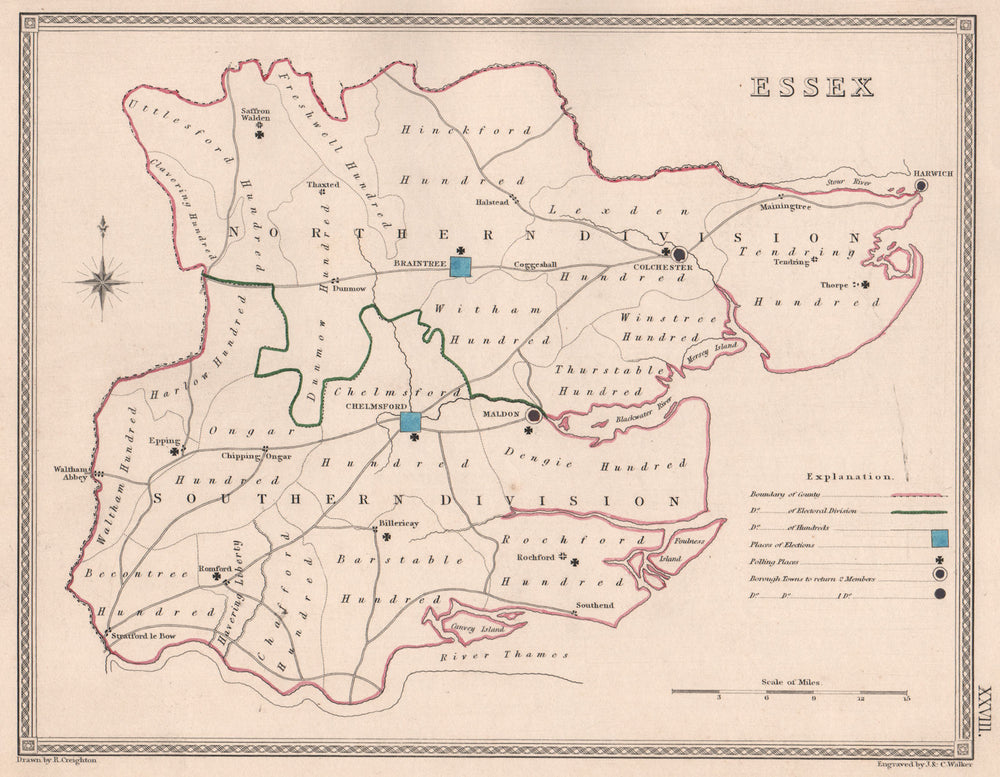 ESSEX antique county map by CREIGHTON/WALKER. Electoral 1835 old