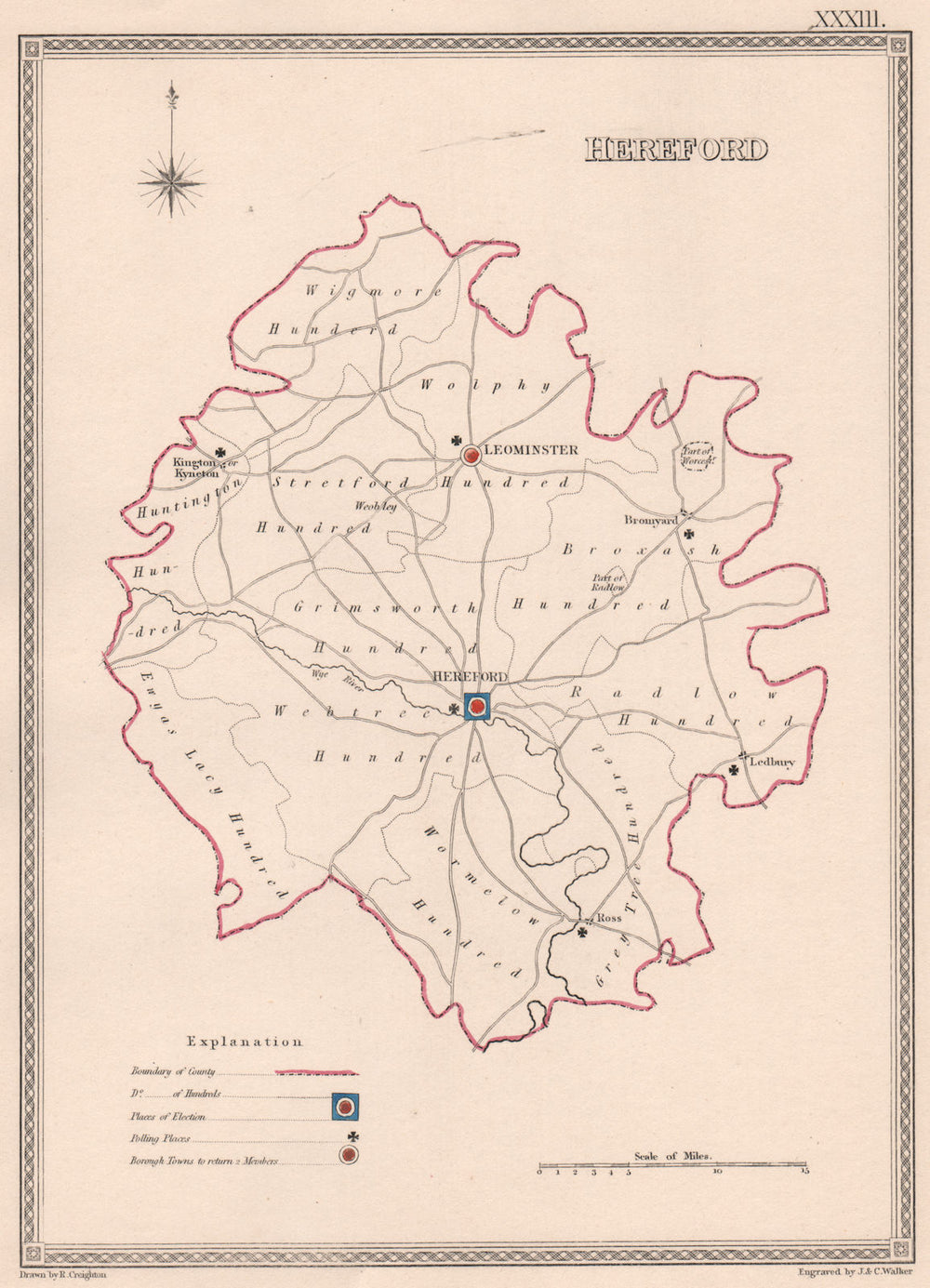 HEREFORDSHIRE antique county map by CREIGHTON/WALKER. Electoral 1835 old