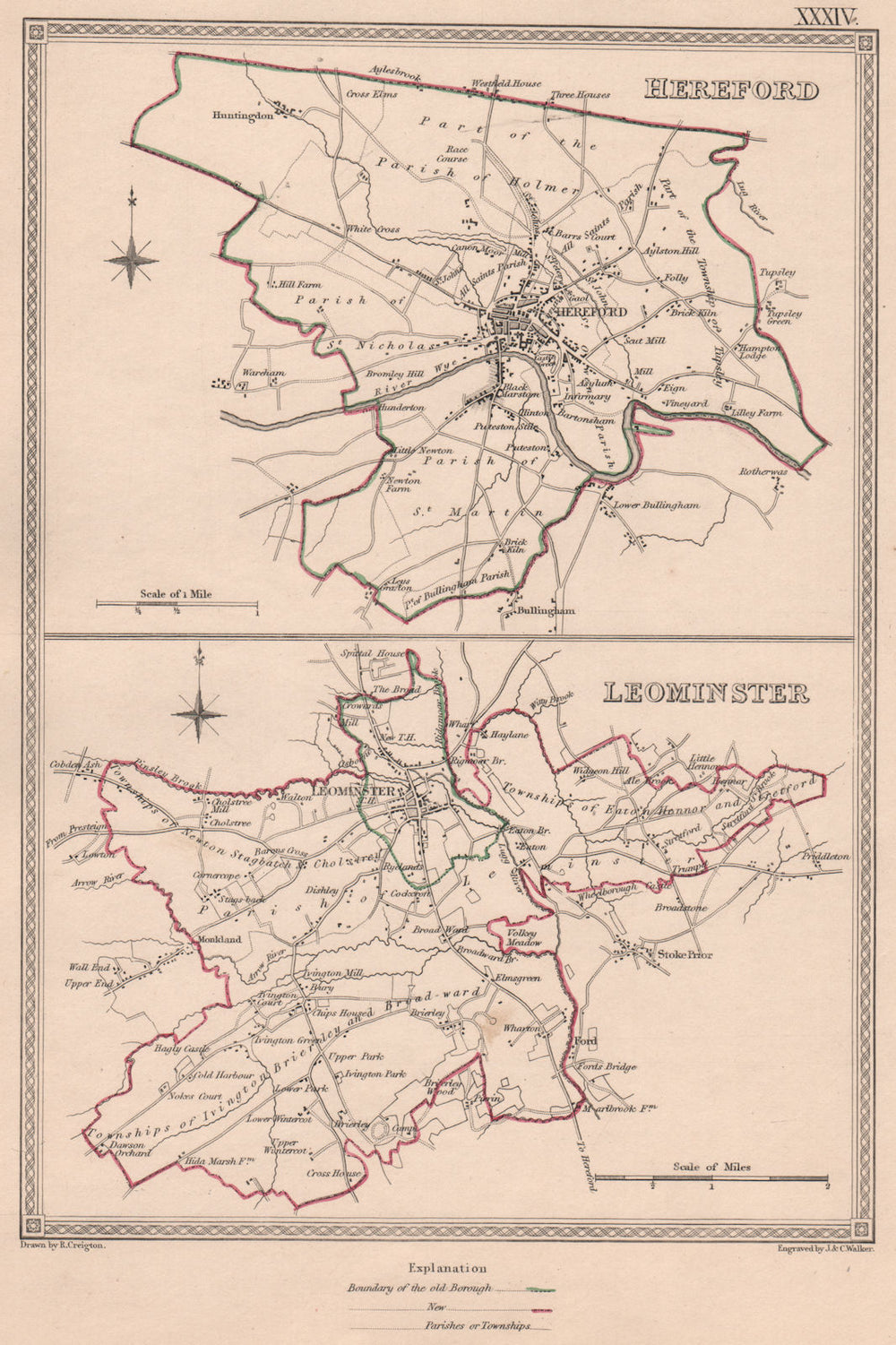 HEREFORDSHIRE TOWNS.Hereford Leominster borough plans.CREIGHTON/WALKER 1835 map