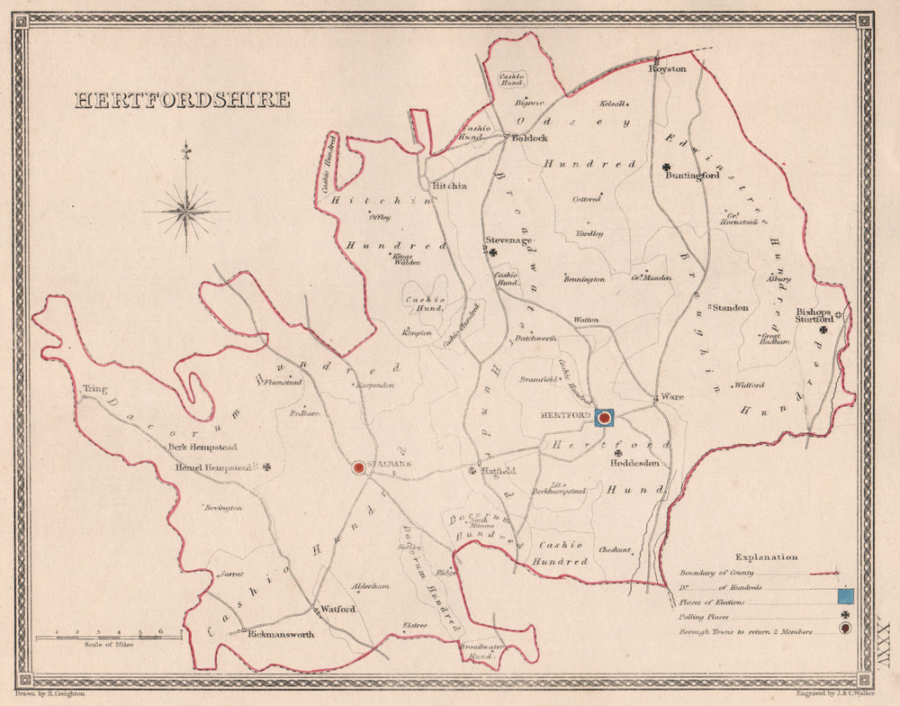 HERTFORDSHIRE antique county map by CREIGHTON/WALKER. Electoral 1835 old