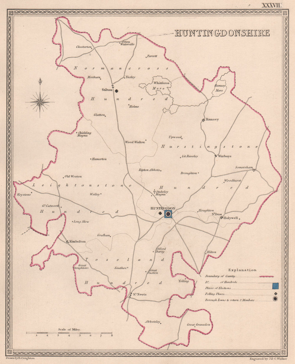 HUNTINGDONSHIRE antique county map by CREIGHTON/WALKER. Electoral 1835 old