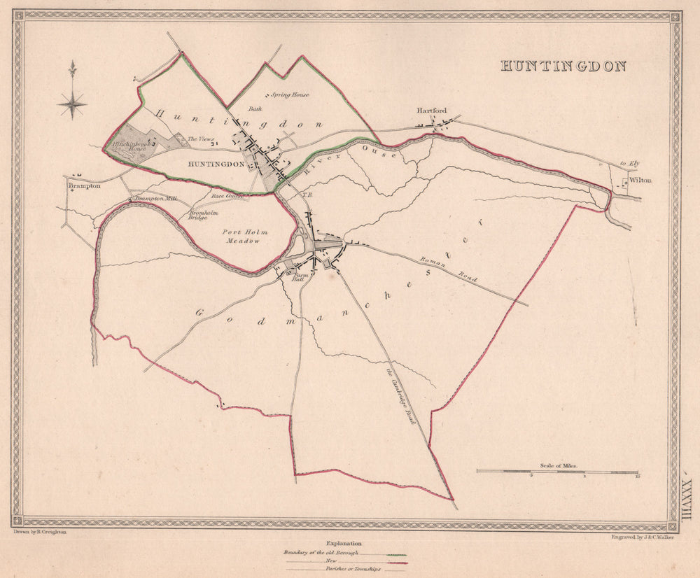 HUNTINGDON town & borough plan. Huntingdonshire. CREIGHTON/WALKER 1835 old map