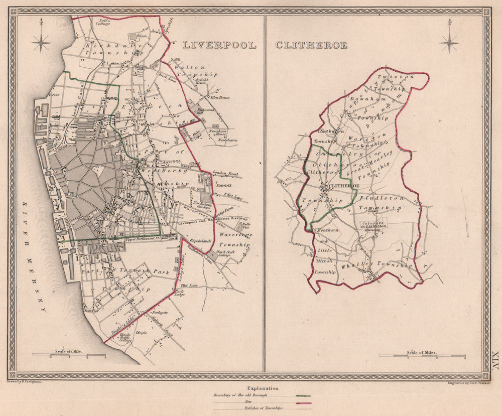 LIVERPOOL & Clitheroe borough town plans. Lancashire. CREIGHTON/WALKER 1835 map