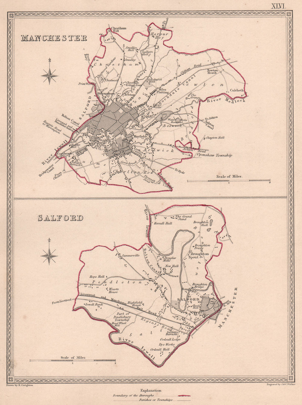 MANCHESTER & SALFORD. Town city borough plans. Lancs. CREIGHTON/WALKER 1835 map