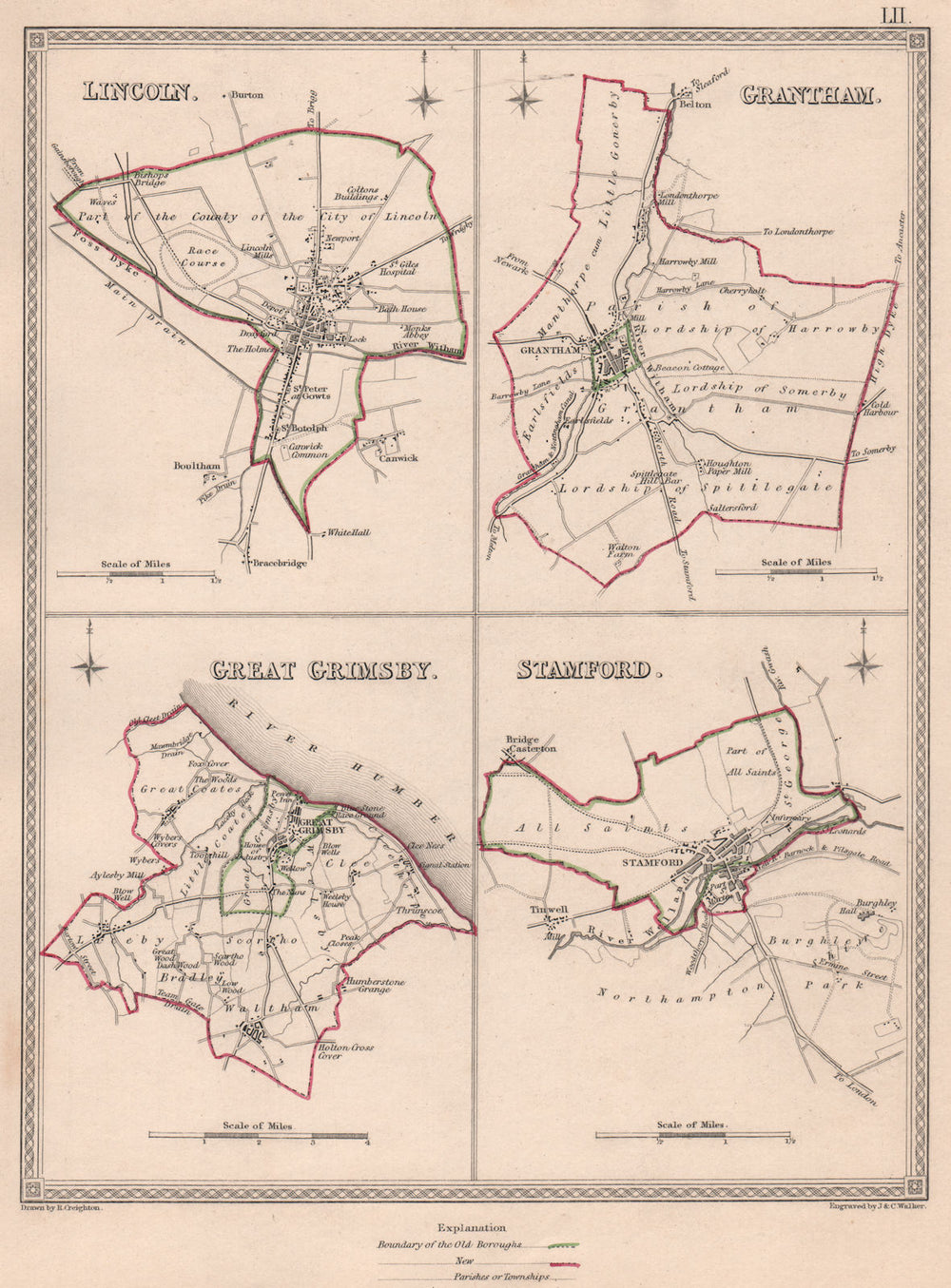 LINCOLNSHIRE TOWNS. Lincoln Grantham Grimsby Stamford.CREIGHTON/WALKER 1835 map