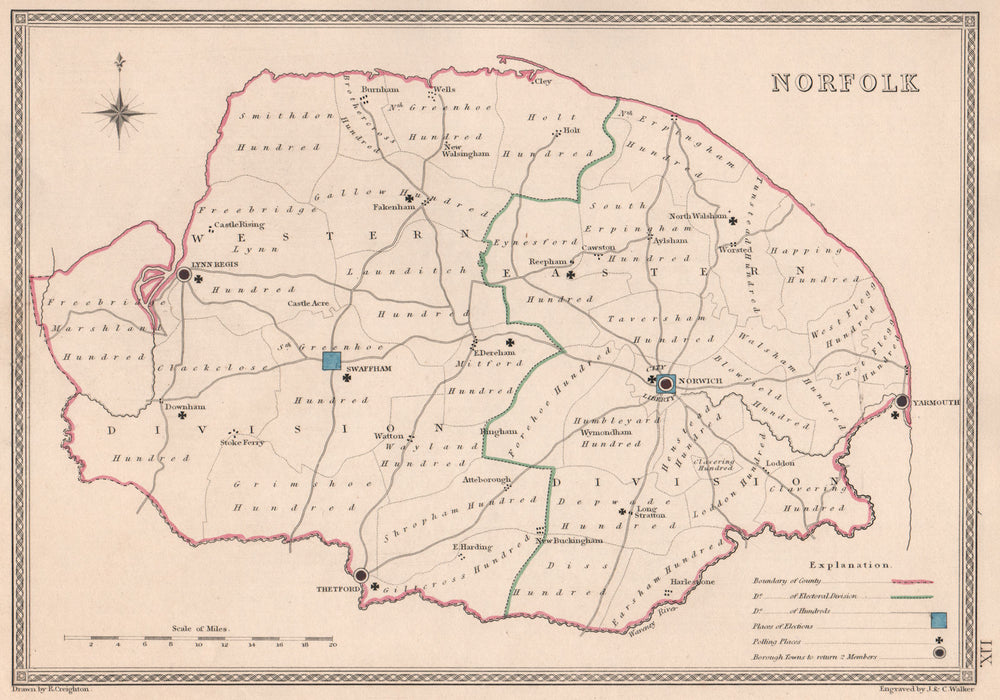 NORFOLK antique county map by CREIGHTON/WALKER. Electoral 1835 old