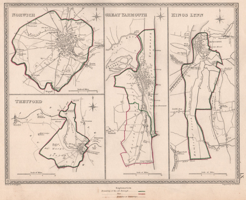 NORFOLK TOWNS. Norwich Thetford Great Yarmouth Kings Lynn.CREIGHTON 1835 map