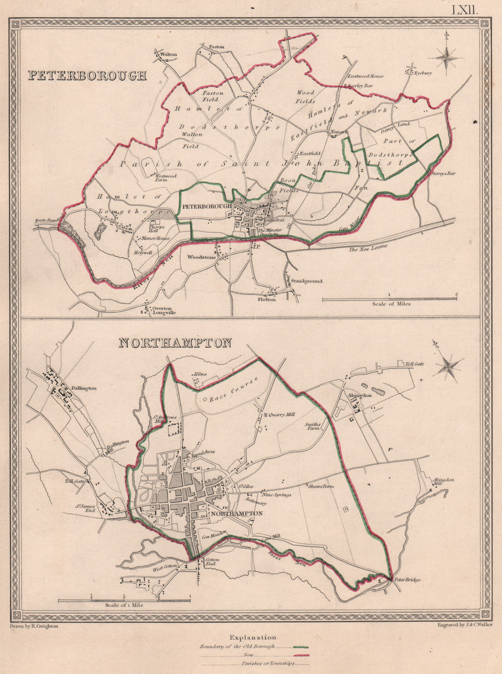 EAST MIDLANDS TOWNS. PeterNorthampton plans. CREIGHTON/WALKER 1835 old map