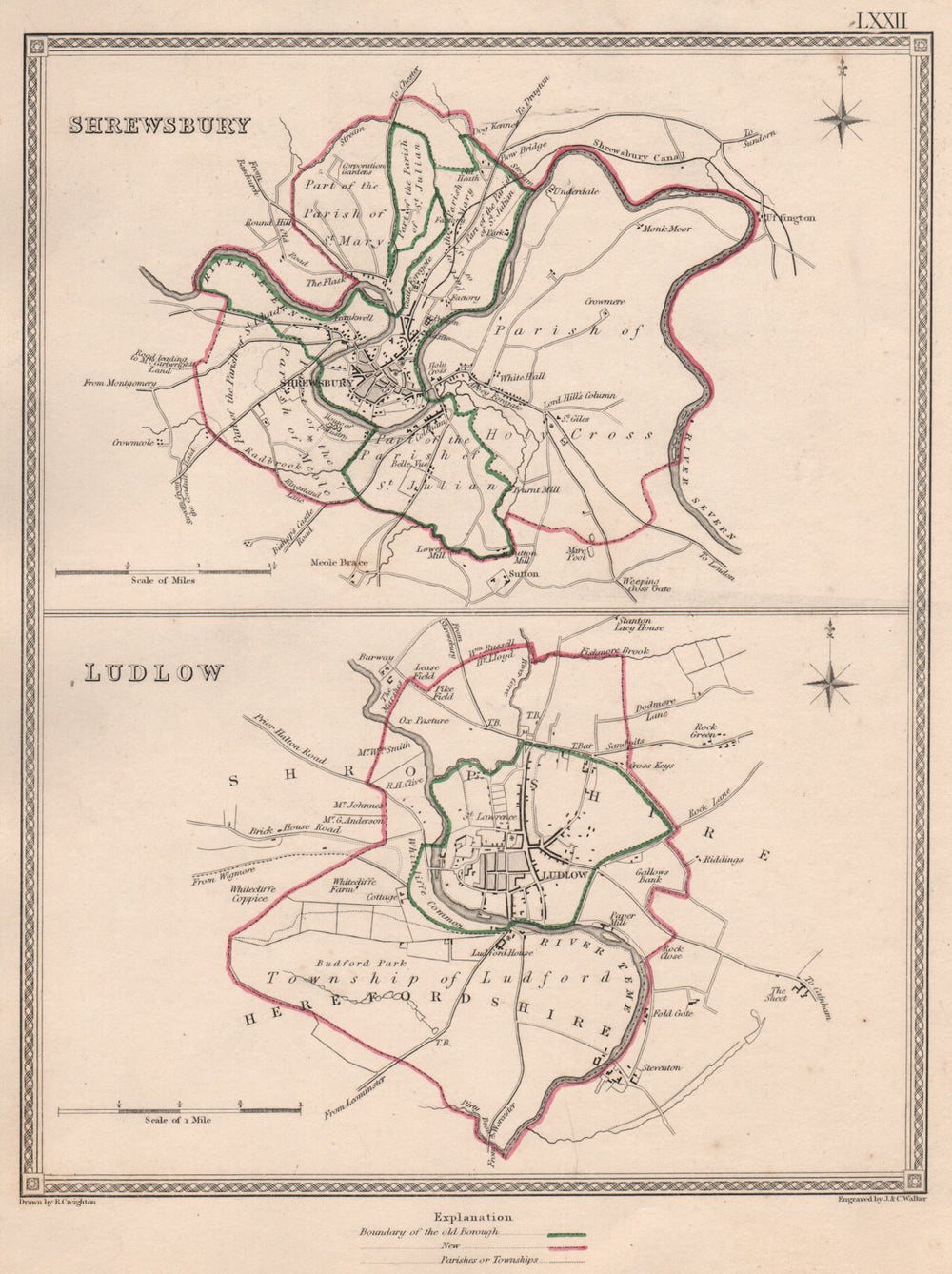 SHROPSHIRE TOWNS. Shrewsbury Ludlow borough plans. CREIGHTON/WALKER 1835 map