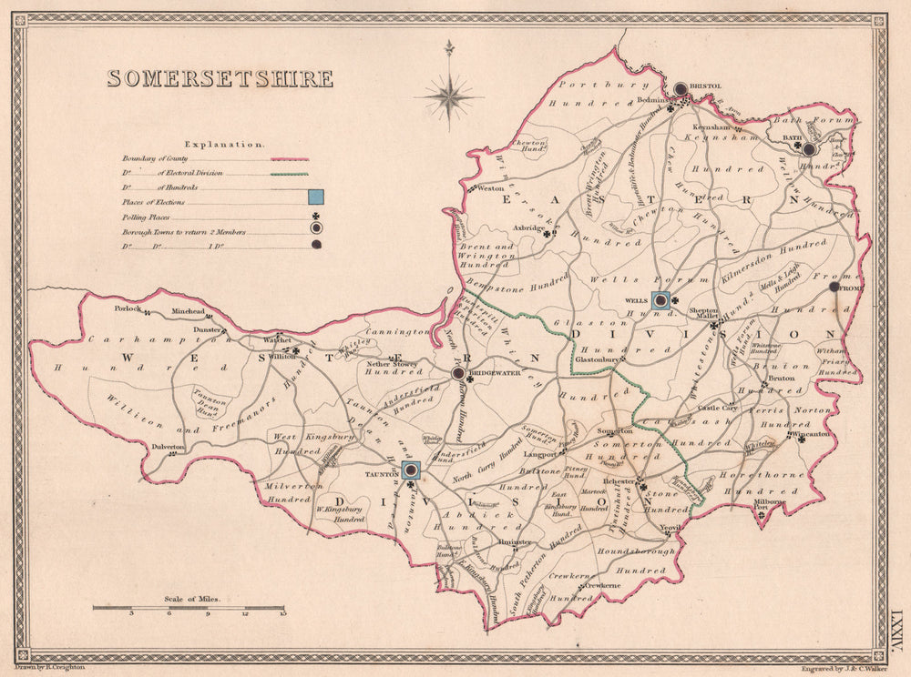SOMERSETSHIRE antique county map by CREIGHTON/WALKER. Electoral 1835 old