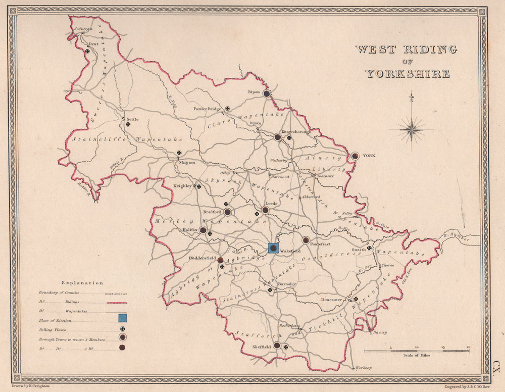 WEST RIDING OF YORKSHIRE antique county map by CREIGHTON/WALKER. Electoral 1835