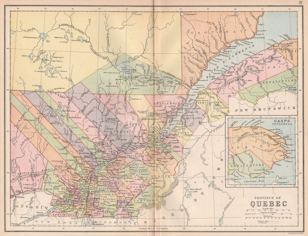 QUEBEC. St Lawrence. Counties. Railways. Canada. BARTHOLOMEW 1878 old map