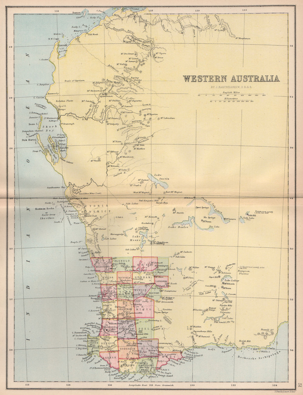WESTERN AUSTRALIA. State map showing only 26 counties. Perth 1878 old