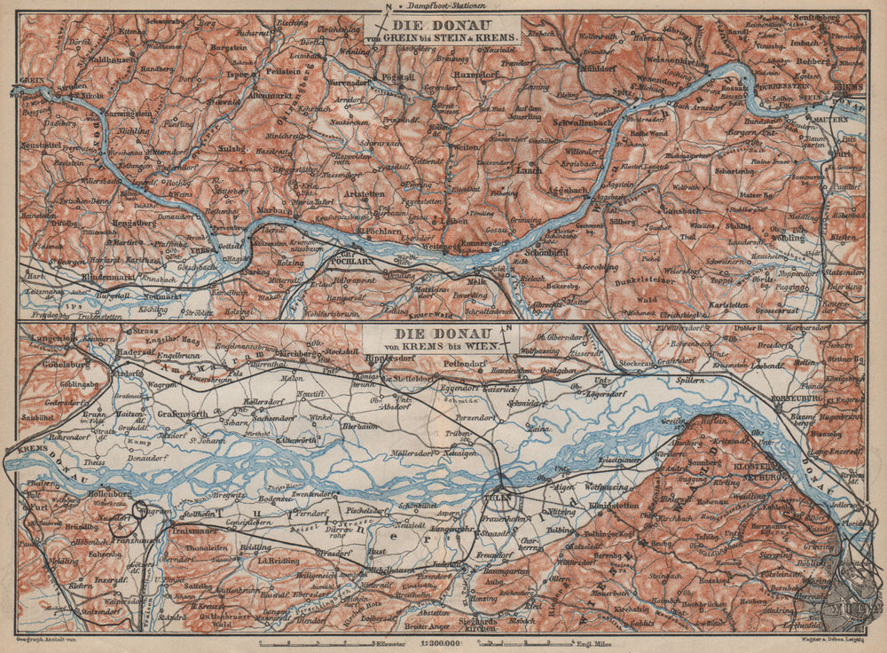 DANUBE DONAU RIVER. Grein-Ybbs-Pochlarn-Melk-Spitz-Krems. Austria 1905 old map