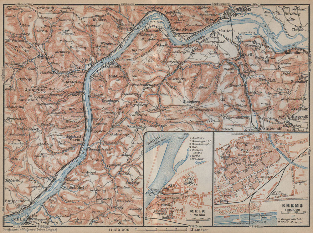 DANUBE from MELK to KREMS an der DONAU. town stadtplan. Österreich 1929 map