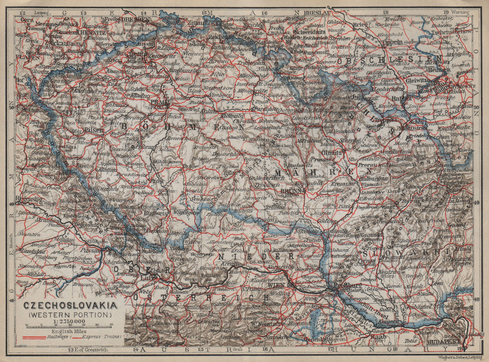 CZECHOSLOVAKIA (WESTERN PORTION). Bohemia Moravia. Czech Republic mapa 1929