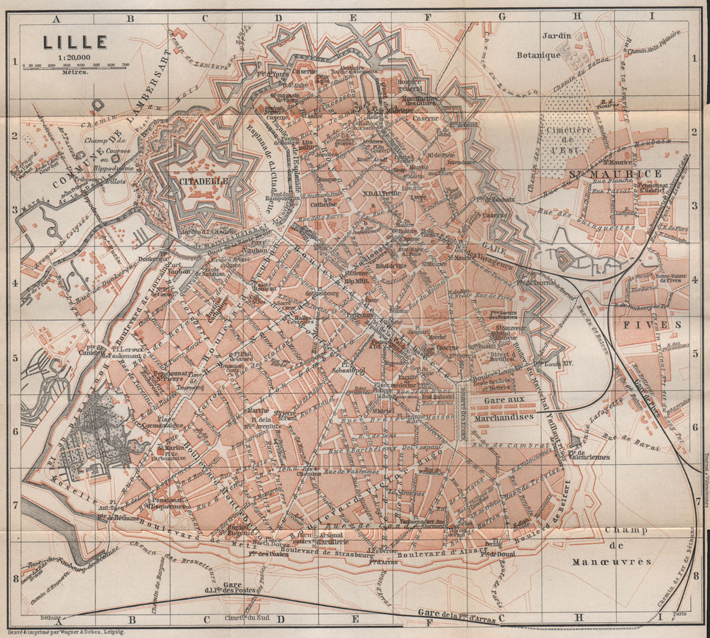 LILLE antique town city plan de la ville. Nord. France carte. BAEDEKER 1897 map