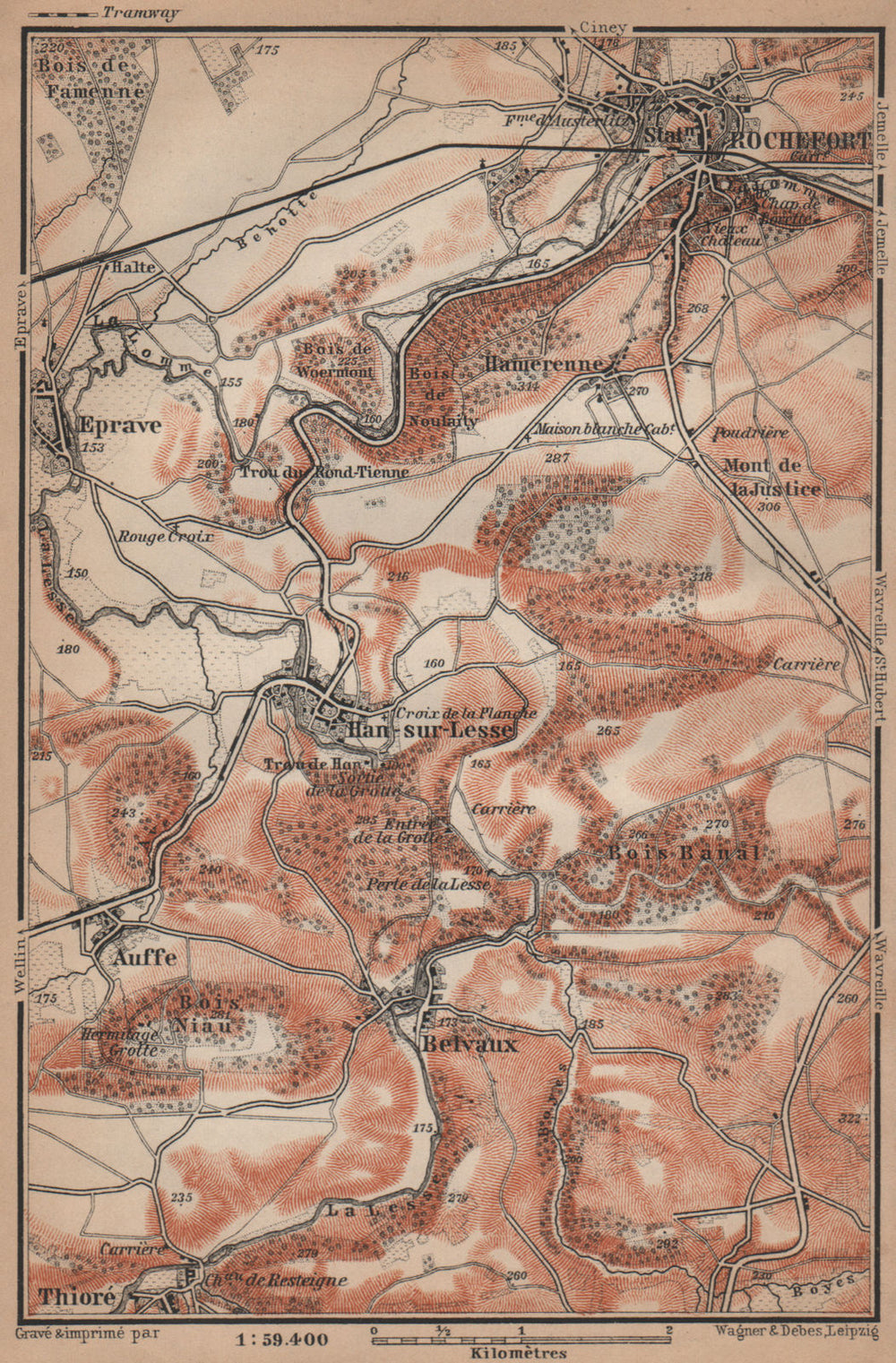 ROCHEFORT & HAN-SUR-LESSE environs. Auffe Belvaux Eprave. Belgium 1905 old map