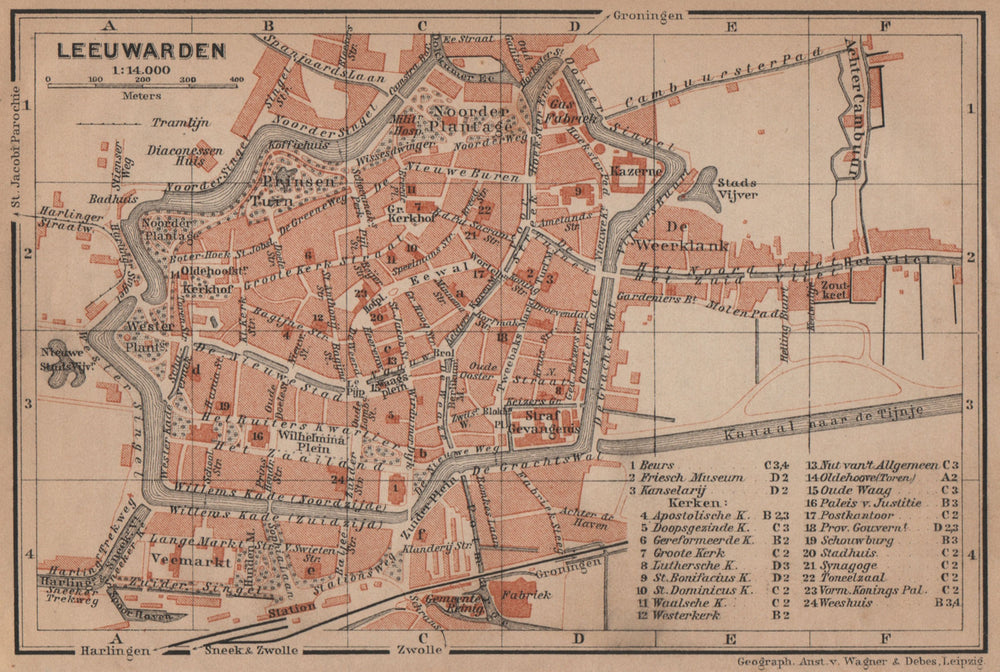 LEEUWARDEN antique town city stadsplan. Netherlands kaart. BAEDEKER 1905 map