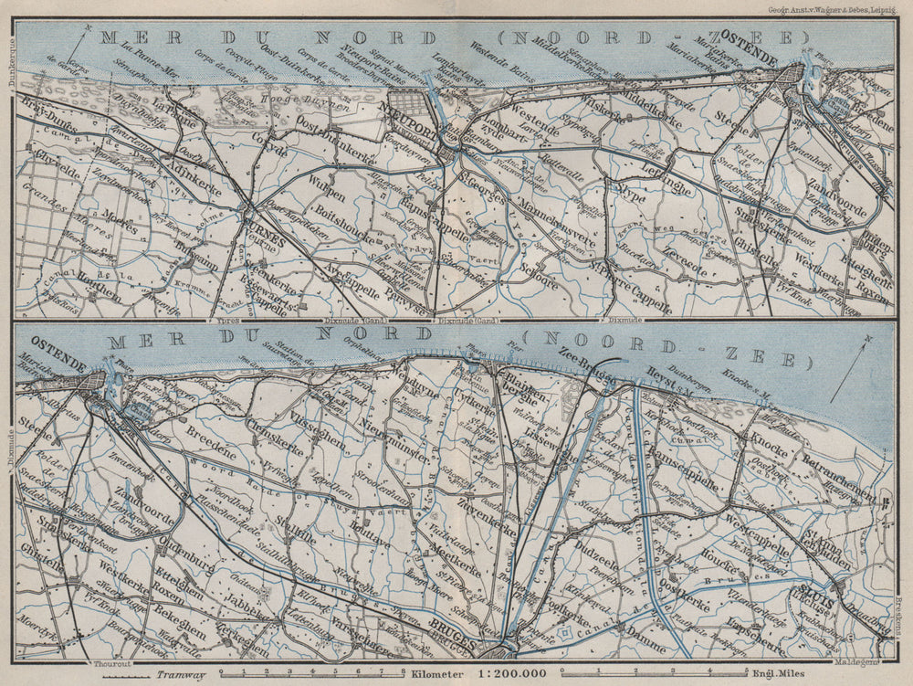 BELGIAN NORTH SEA COAST. Bruges Ostende Niuewpoort Noord-Zee. Belgium 1910 map