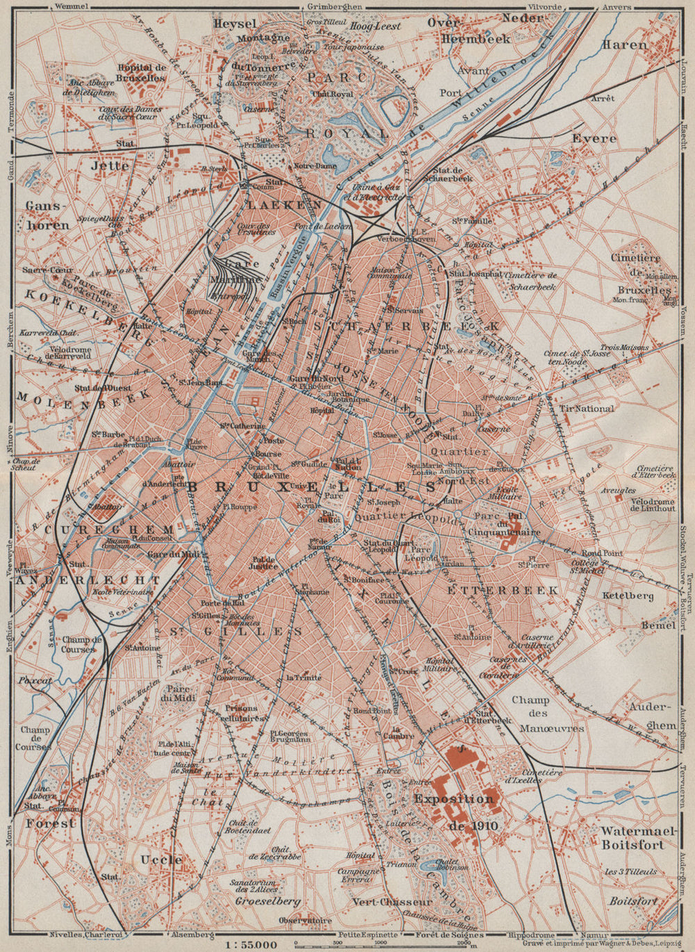 BRUSSELS BRUXELLES BRUSSEL environs plan. Belgium carte. BAEDEKER 1910 old map