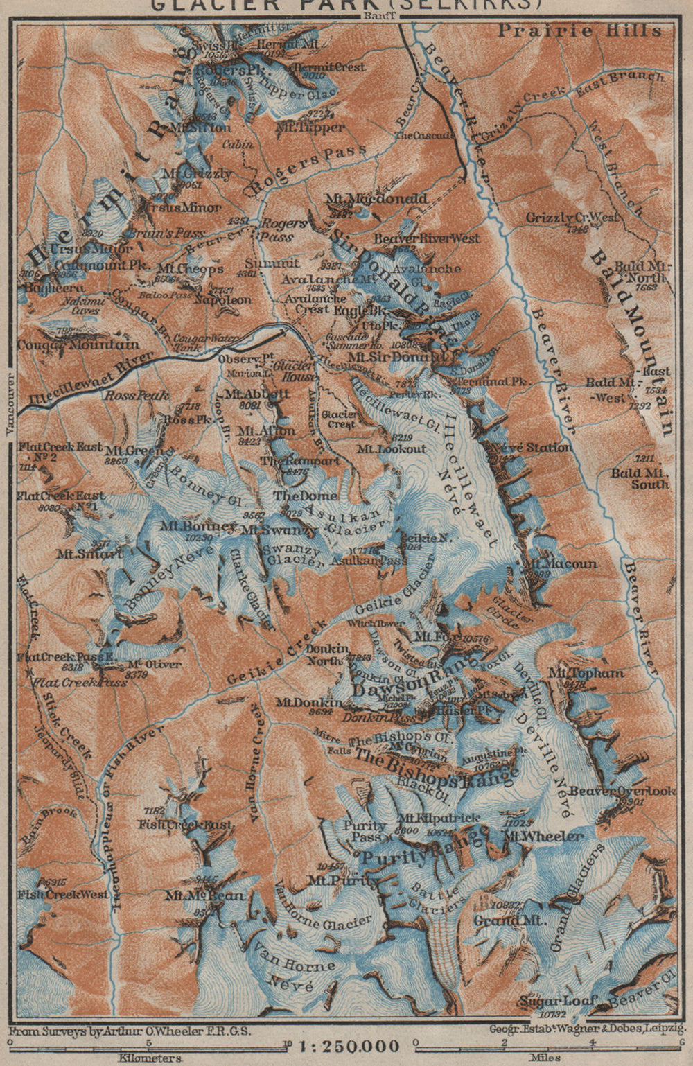 GLACIER NATIONAL PARK.  SELKIRK MOUNTAINS. British Columbia. Canada 1922 map