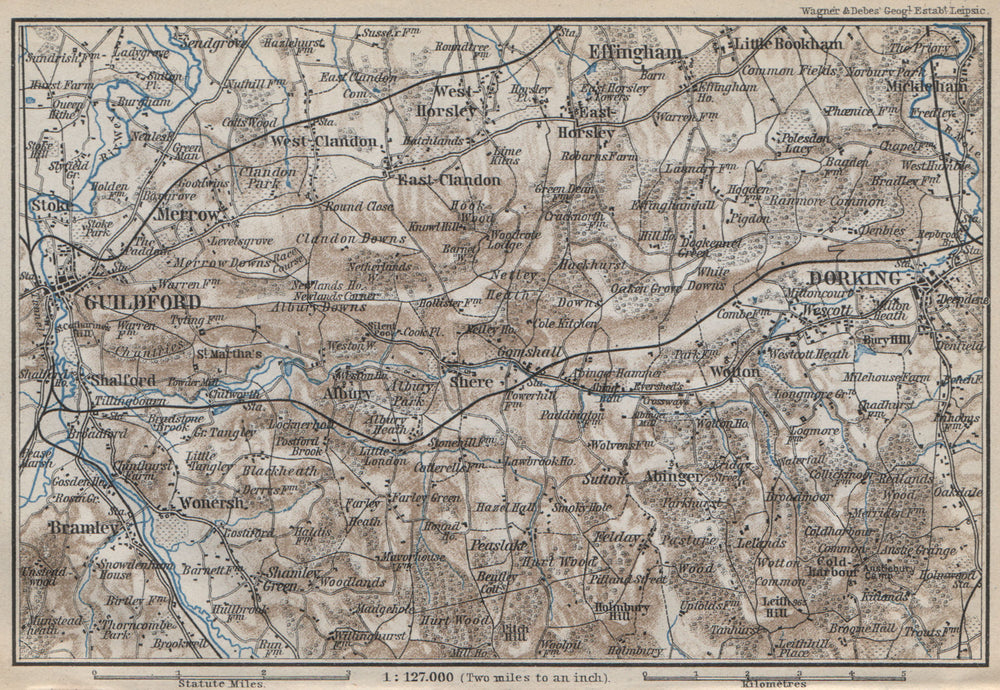 DORKING & GUILDFORD environs. North Downs. Surrey. BAEDEKER 1910 old map