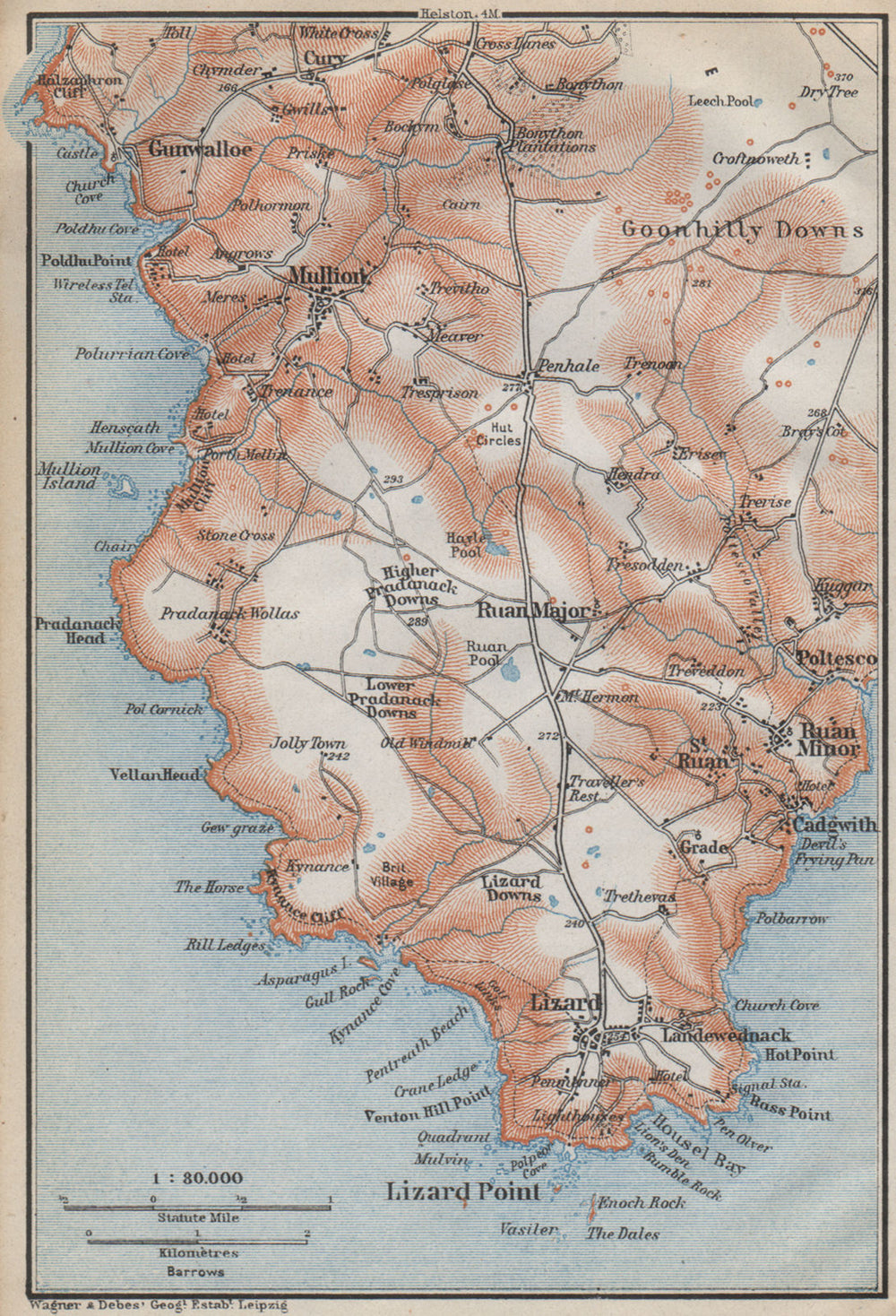 THE LIZARD PENINSULA. Mullion Ruan Goonhilly Downs topo-map. Cornwall 1910
