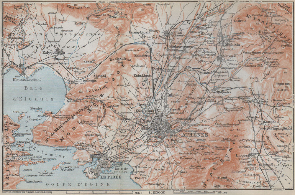 ATHENS ENVIRONS. Piraeus Aspropyrgos Acharnes. Greece. BAEDEKER 1909 old map