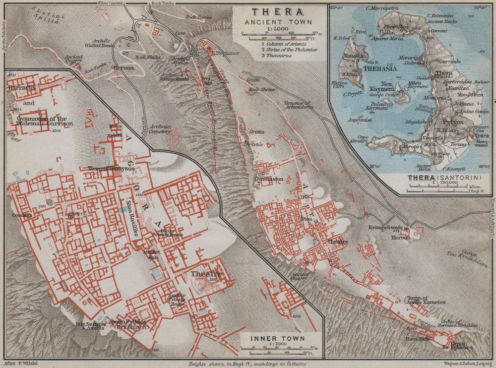 ANCIENT THERA Ground plan & island of SANTORINI. Thira. Greece 1909 old map