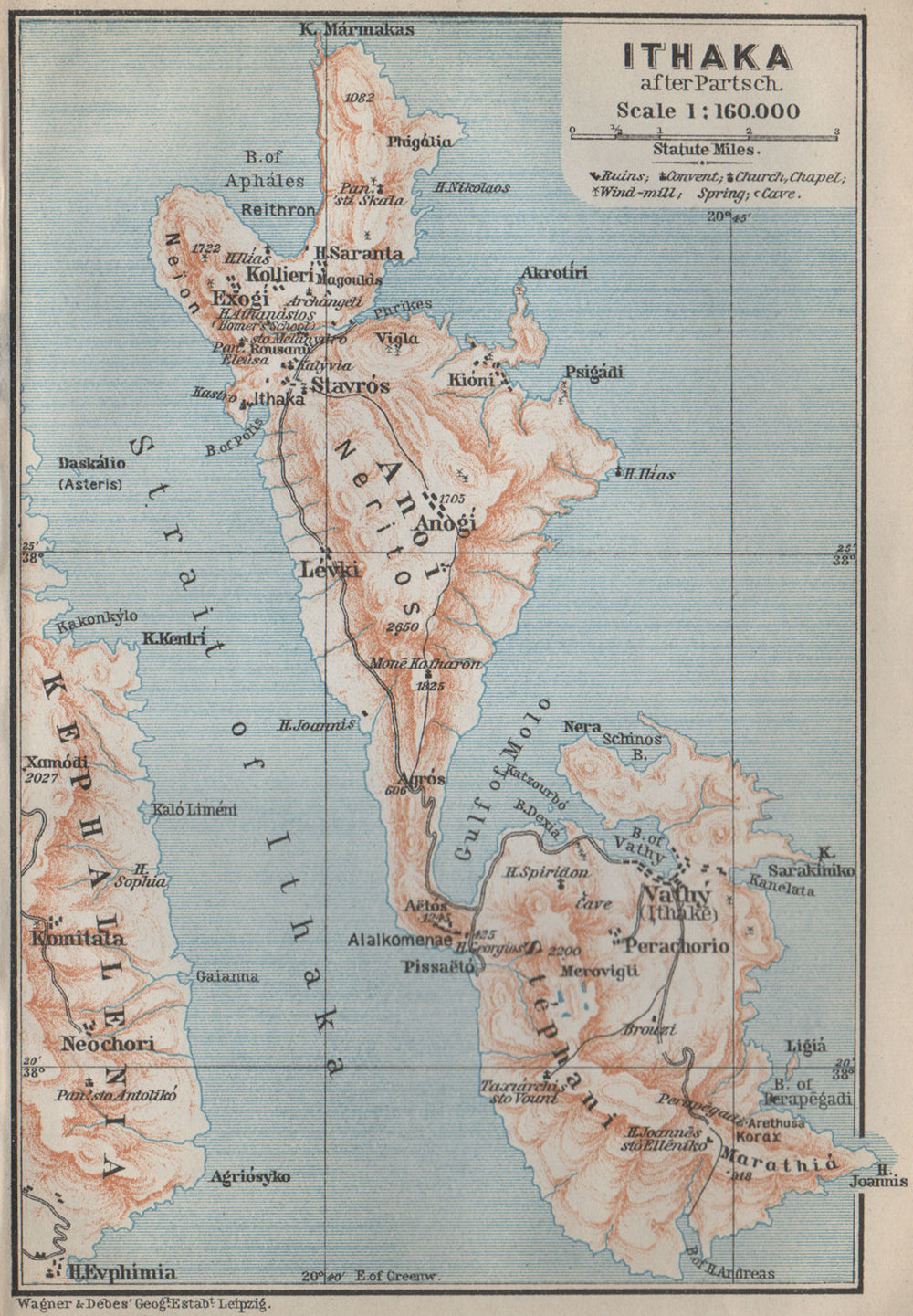 ITHACA / ITHAKA island topo-map after PARTSCH. Stavros Vathy. Greece 1909