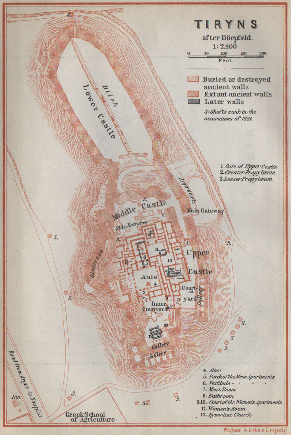 TIRYNS ground plan. Argolis, Greece. BAEDEKER 1909 old antique map chart