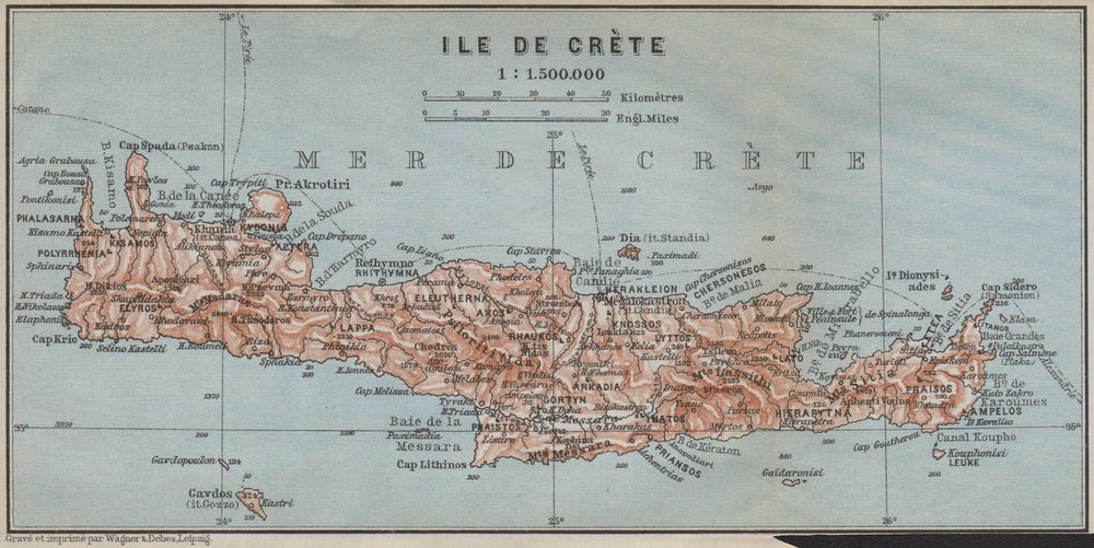 CRETE. topo-map of the island. Greece. BAEDEKER 1909 old antique chart